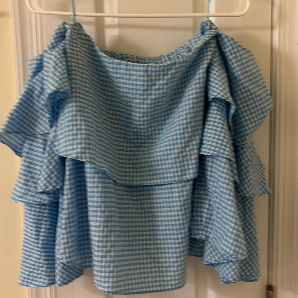 MLM LABEL Off the Shoulder Top Blouse Ruffled Sleeves Layered Blue White Sz M